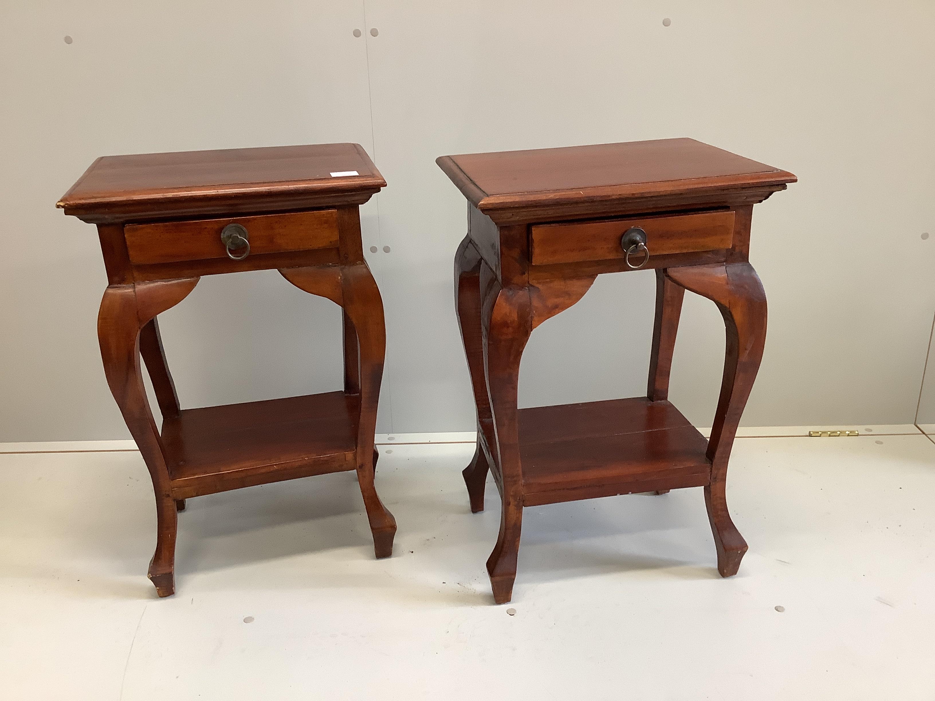 A pair of modern hardwood two tier bedside tables, width 46cm, depth 35cm, height 70cm